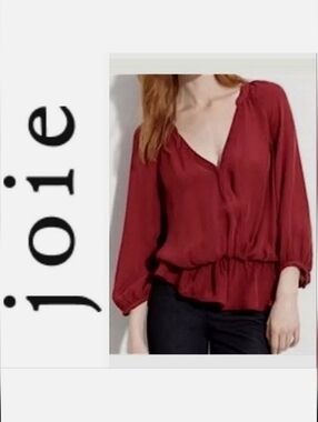 Joie Lourve Wrap Top 100% Silk Red Peplum Surplice Neck Blouse Size S